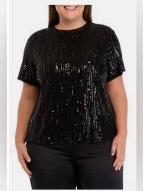 Sanctuary Black Sequin Short Sleeve Festive Lined Pullover Tee